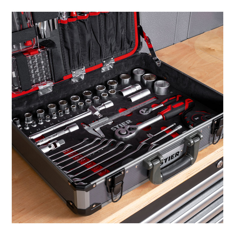 STIER Universal Werkzeugkoffer 144 teilig bestückt Werkzeug Koffer aus Aluminium
