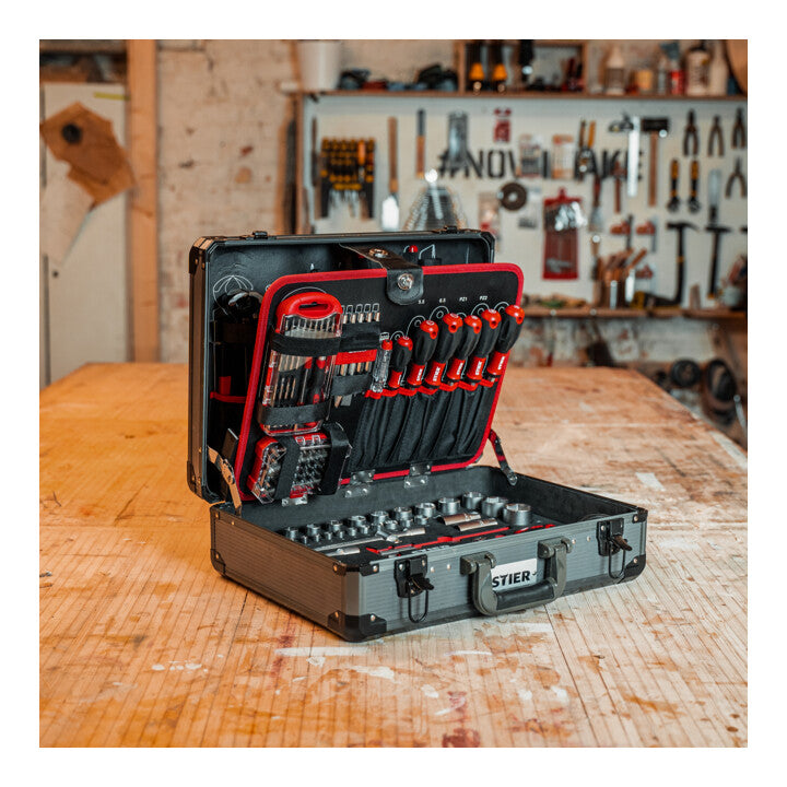 STIER Universal Werkzeugkoffer 144 teilig bestückt Werkzeug Koffer aus Aluminium