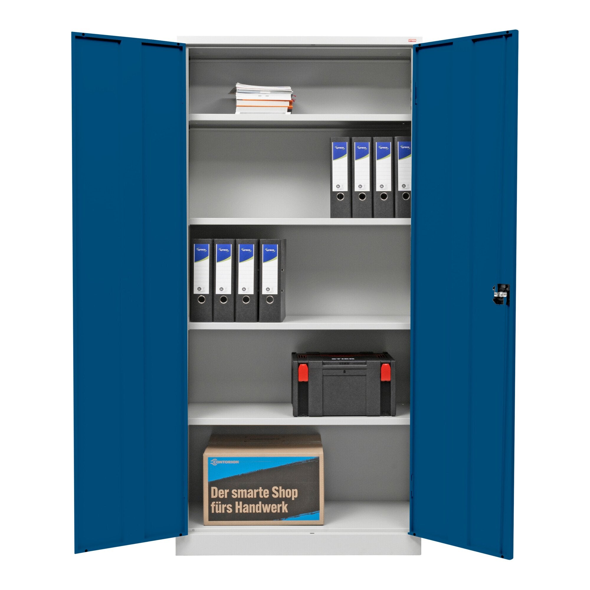STIER Universalschrank mit 4 Fachböden à 40kg Tragkraft | 1950x920x420mm | verschließbar | enzianblau | verschweißt