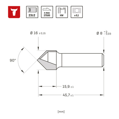 STIER V-Nutfräser HM (HW) Ø 16 mm Schaft Ø 8 mm