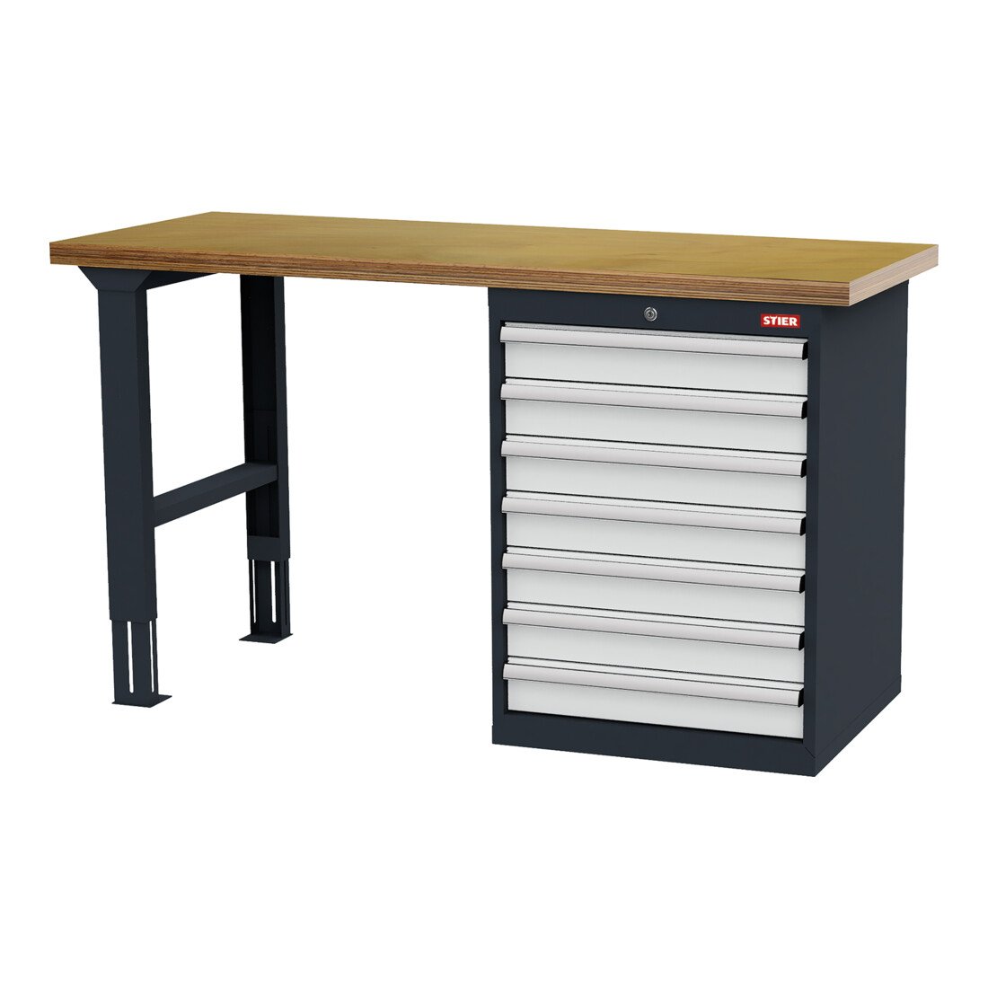 STIER workbench WxDxH 1500x600x860 mm with 1 cabinet housing of width 600 mm RAL
