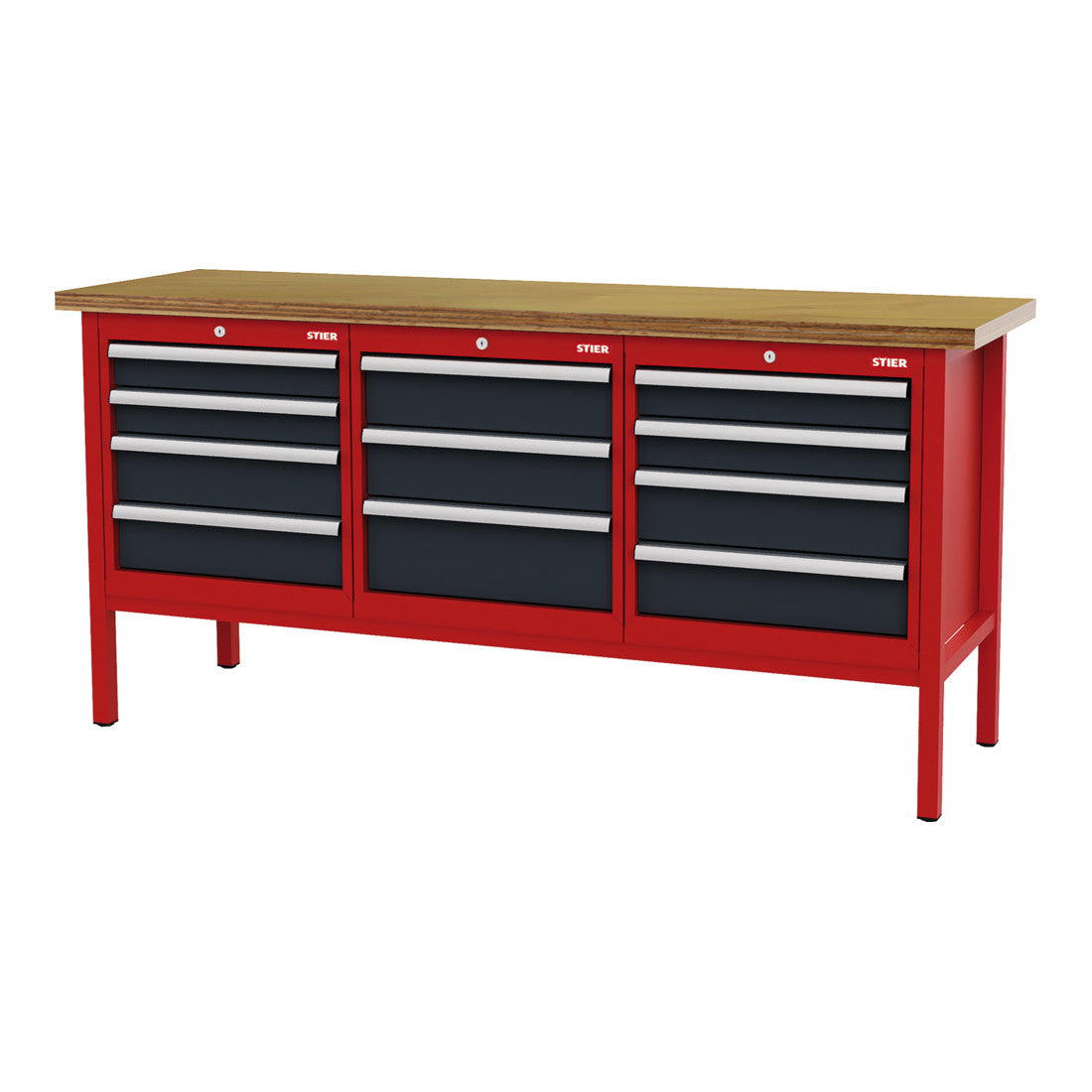 STIER workbench with 11 drawers WxDxH 2000x600x960 mm RAL 3020 / RAL 7016