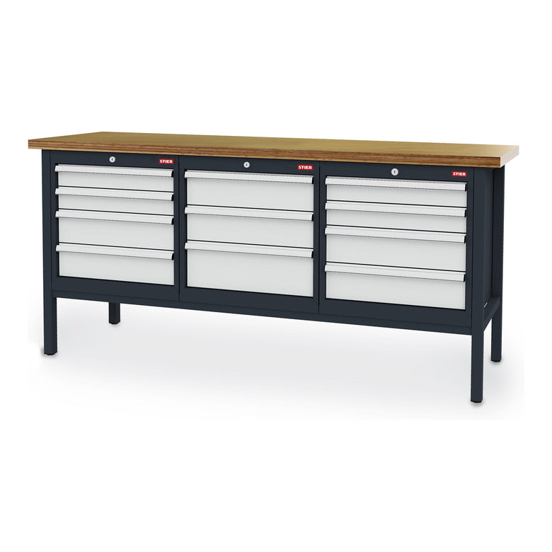 STIER Werkbank mit 11 Schubladen BxTxH 2000x600x960 mm RAL 7016 / RAL 7035