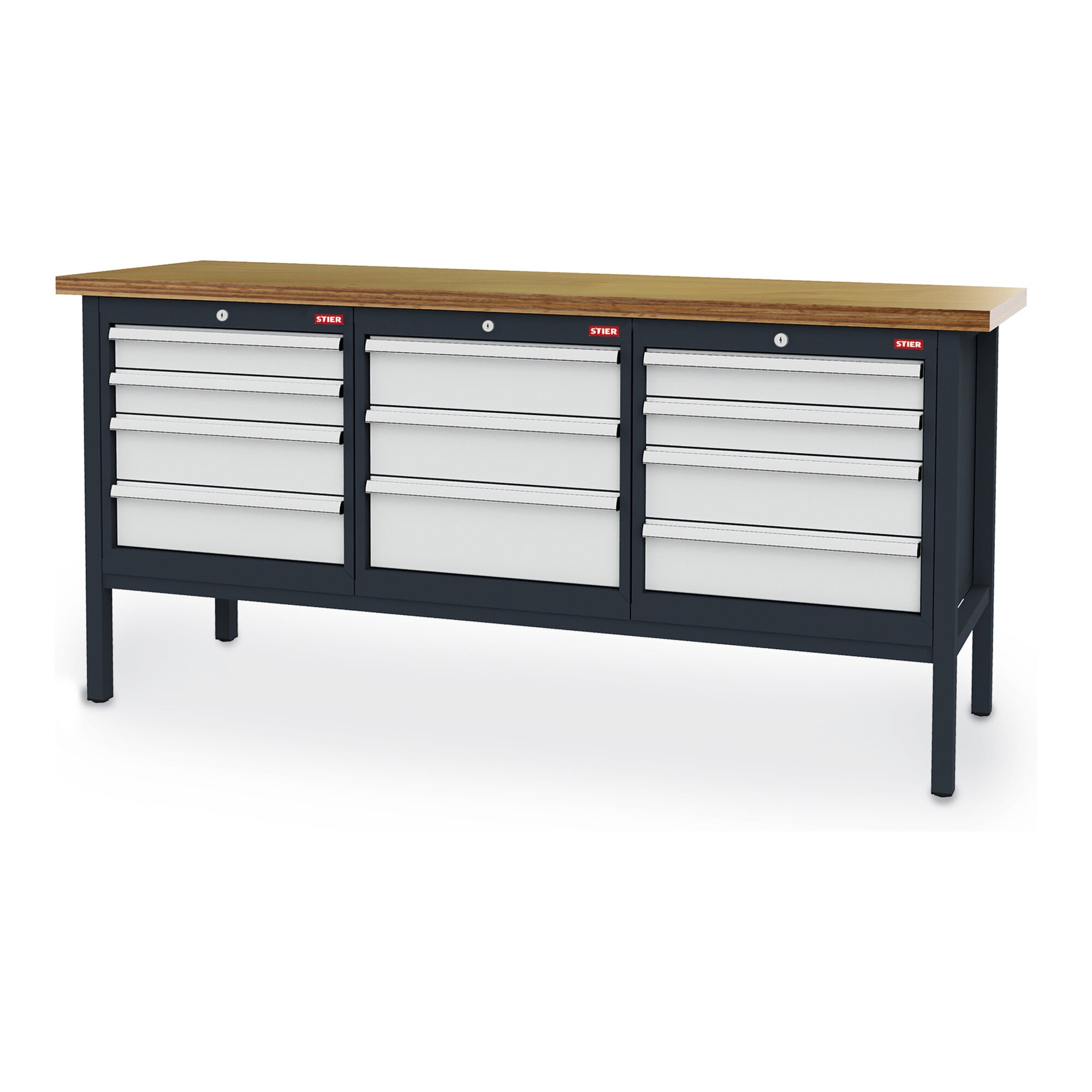 STIER Werkbank mit 11 Schubladen BxTxH 2000x600x960 mm RAL 7016 / RAL 7035