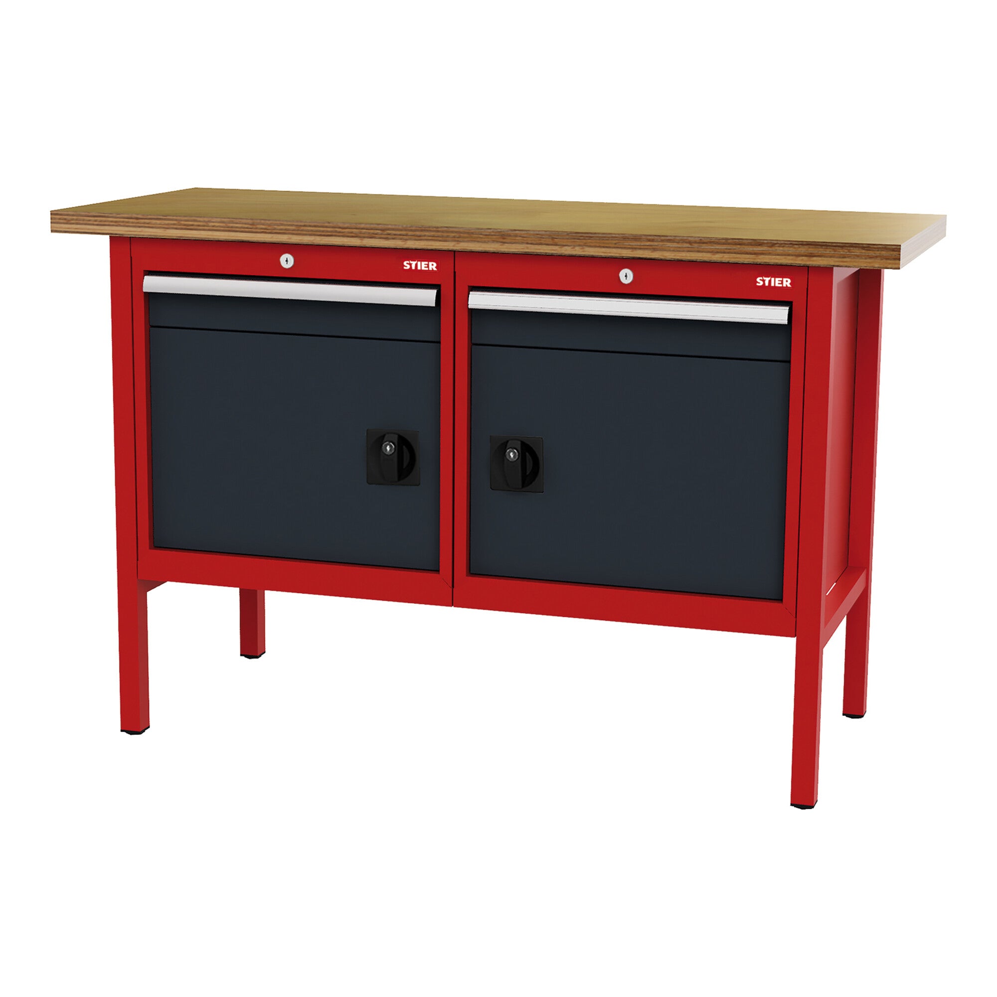 STIER Werkbank mit 2 Schubladen und 2 Türen BxTxH 1500x600x960 mm RAL 3020 / RAL