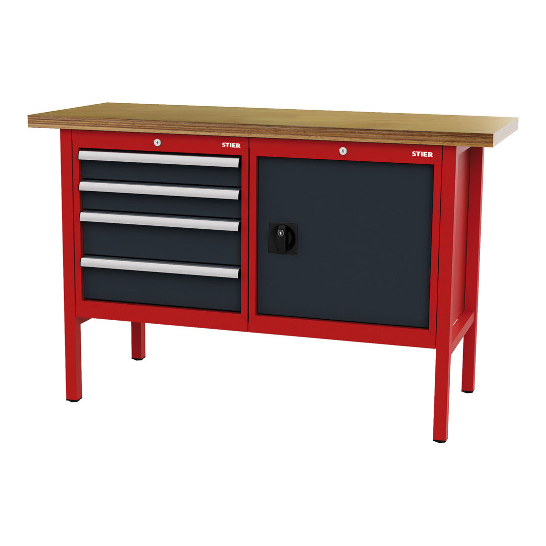 STIER workbench with 4 drawers and 1 door WxDxH 1500x600x960 mm RAL 3020 / RAL