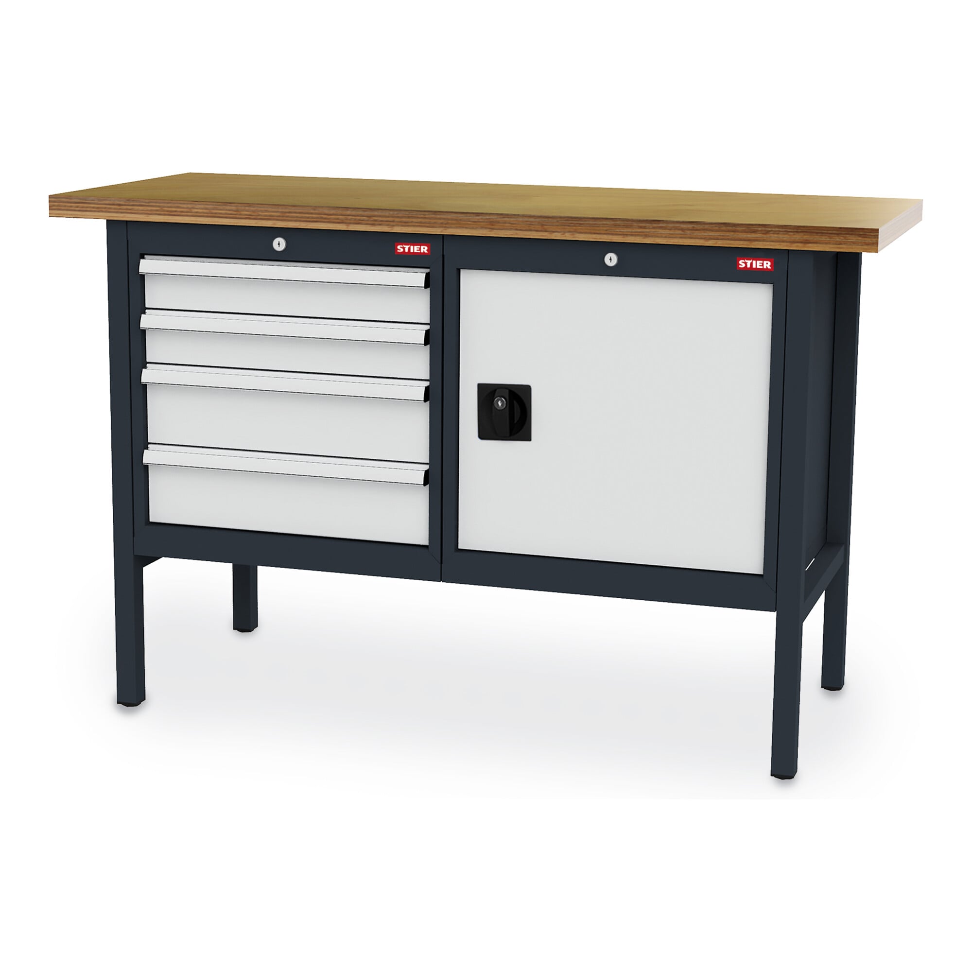 STIER Werkbank mit 4 Schubladen und 1 Tür BxTxH 1500x600x960 mm RAL 7016 / RAL