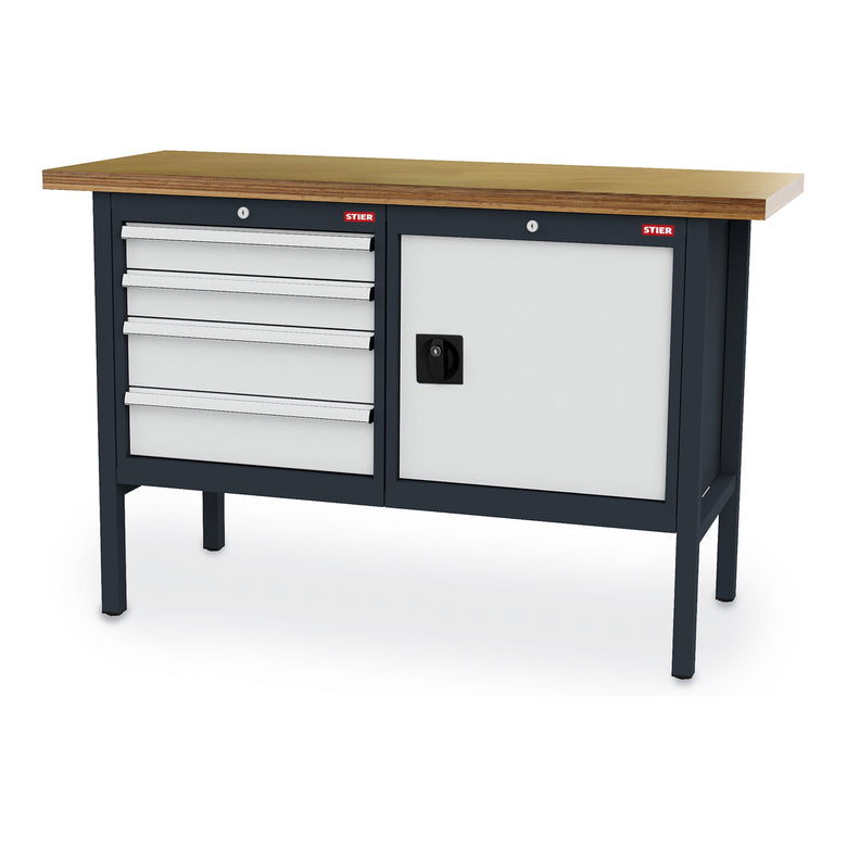 STIER workbench with 4 drawers and 1 door WxDxH 1500x600x960 mm RAL 7016 / RAL