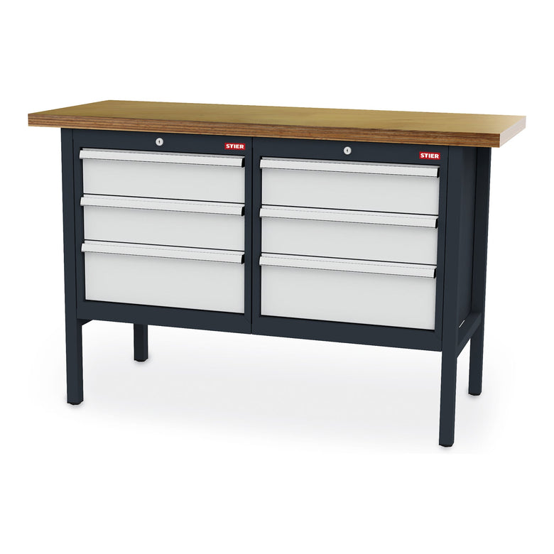 STIER Werkbank mit 6 Schubladen BxTxH 1500x600x960 mm RAL 7016 / RAL 7035