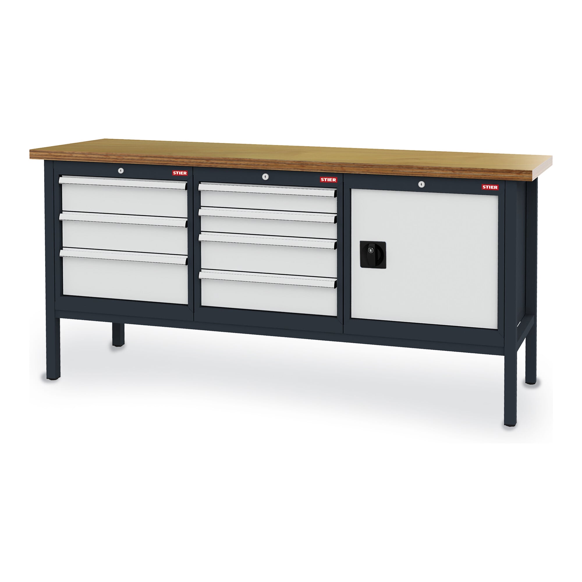 STIER Werkbank mit 7 Schubladen und 1 Tür BxTxH 2000x600x960 mm RAL 7016 / RAL