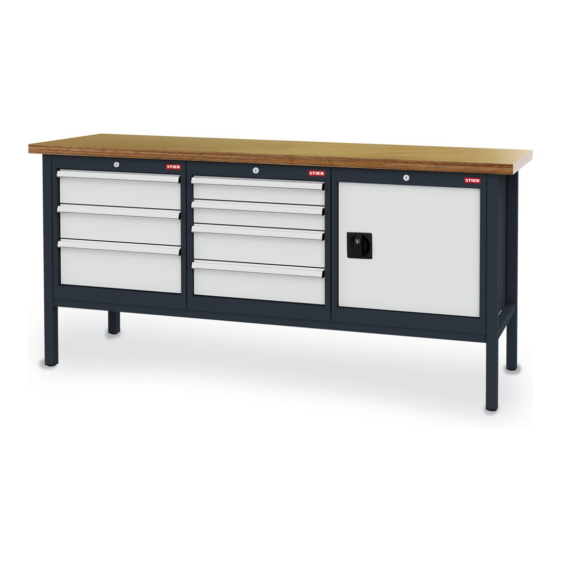 STIER workbench with 7 drawers and 1 door WxDxH 2000x600x960 mm RAL 7016 / RAL