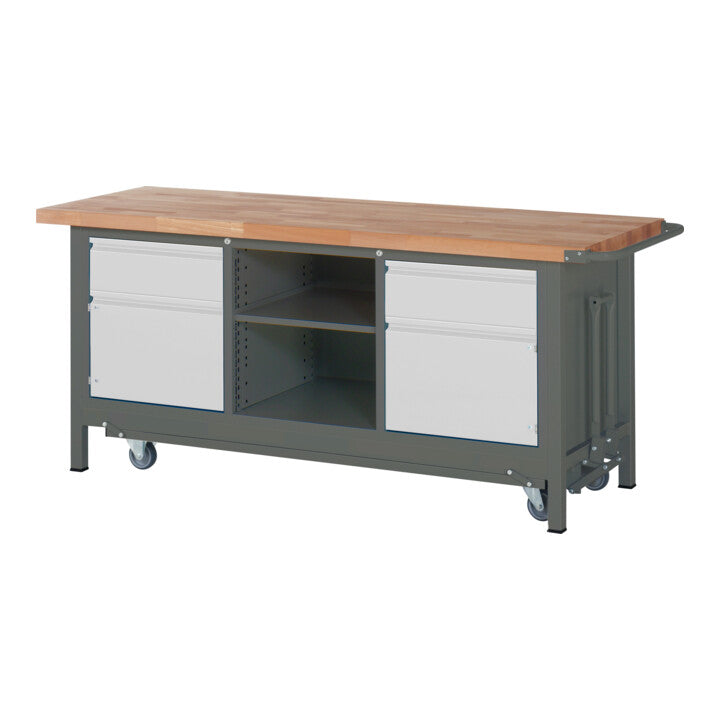 STIER Werkbank Premium mit abs. Fahrgestell, 2 Schubladen und 2 Flügeltüren BxTxH 2000x700x880mm