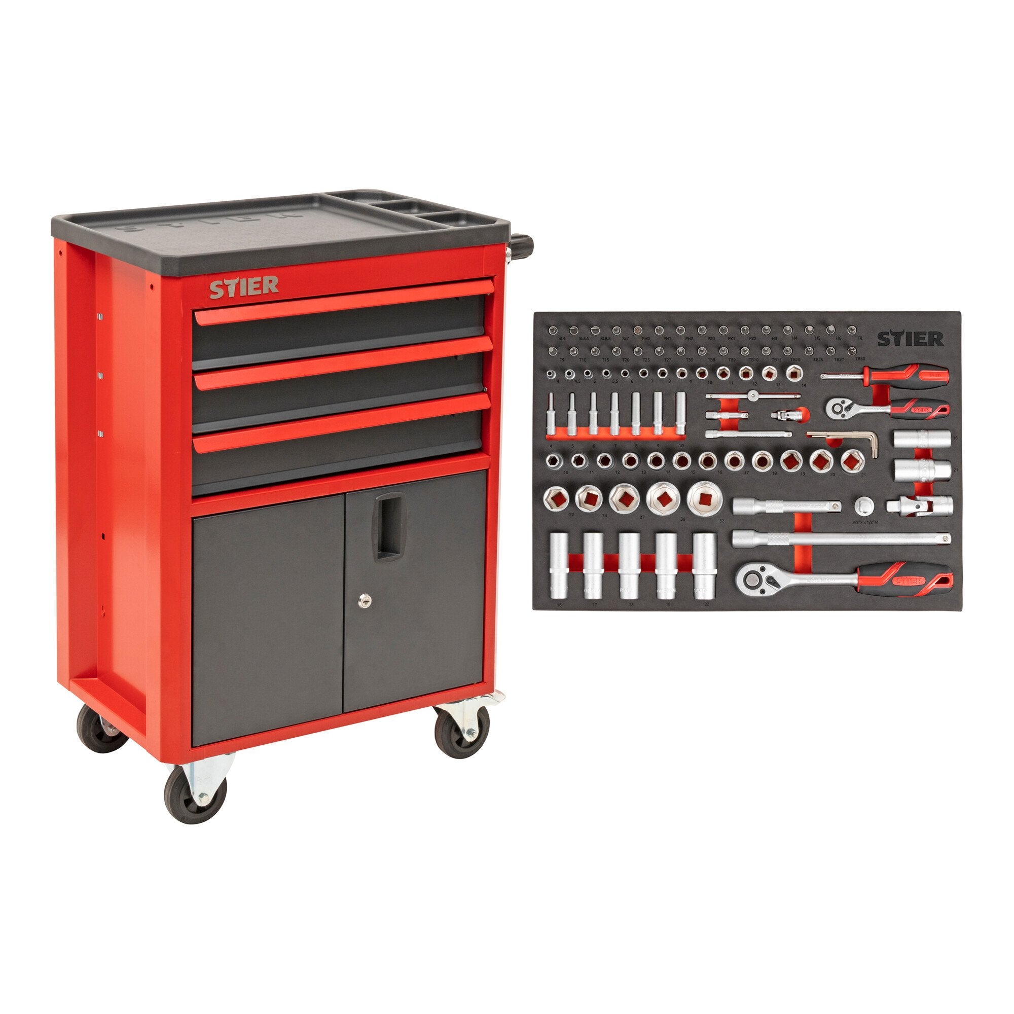 STIER workshop and cabinet trolley with 3 drawers equipped with 92 tools