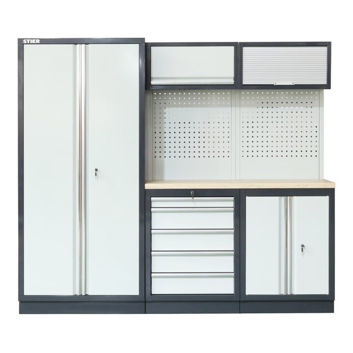 STIER Werkstatteinrichtung Basic 3-teilig mit Lochwand und Multiplex-Arbeitsplatte BxTxH 2275x460x2000mm