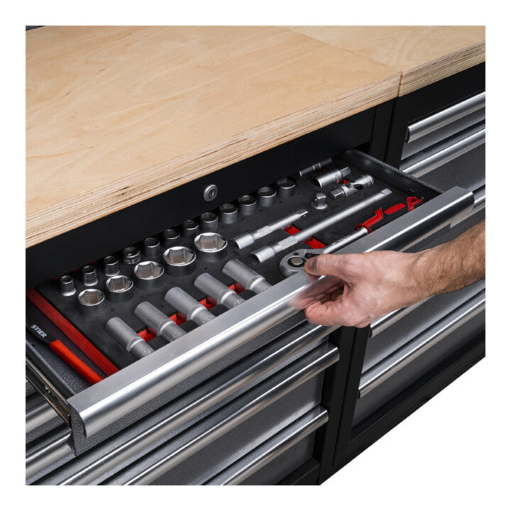 STIER Werkstatteinrichtung Basic 3-teilig mit Lochwand und Multiplex-Arbeitsplatte BxTxH 2275x460x2000mm