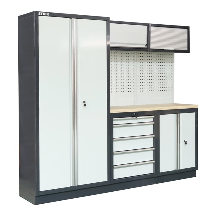 STIER Werkstatteinrichtung Basic 3-teilig mit Lochwand und Multiplex-Arbeitsplatte BxTxH 2275x460x2000mm