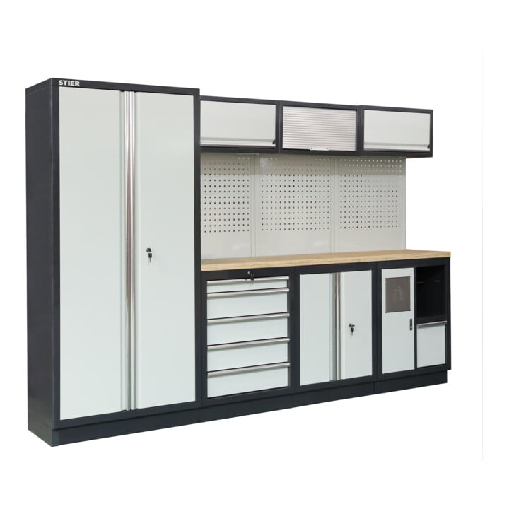 STIER Werkstatteinrichtung Basic 3-teilig mit Lochwand und Multiplex-Arbeitsplatte BxTxH 2275x460x2000mm