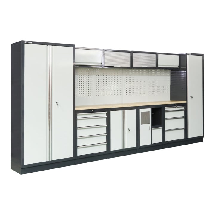STIER Werkstatteinrichtung Basic 3-teilig mit Lochwand und Multiplex-Arbeitsplatte BxTxH 2275x460x2000mm