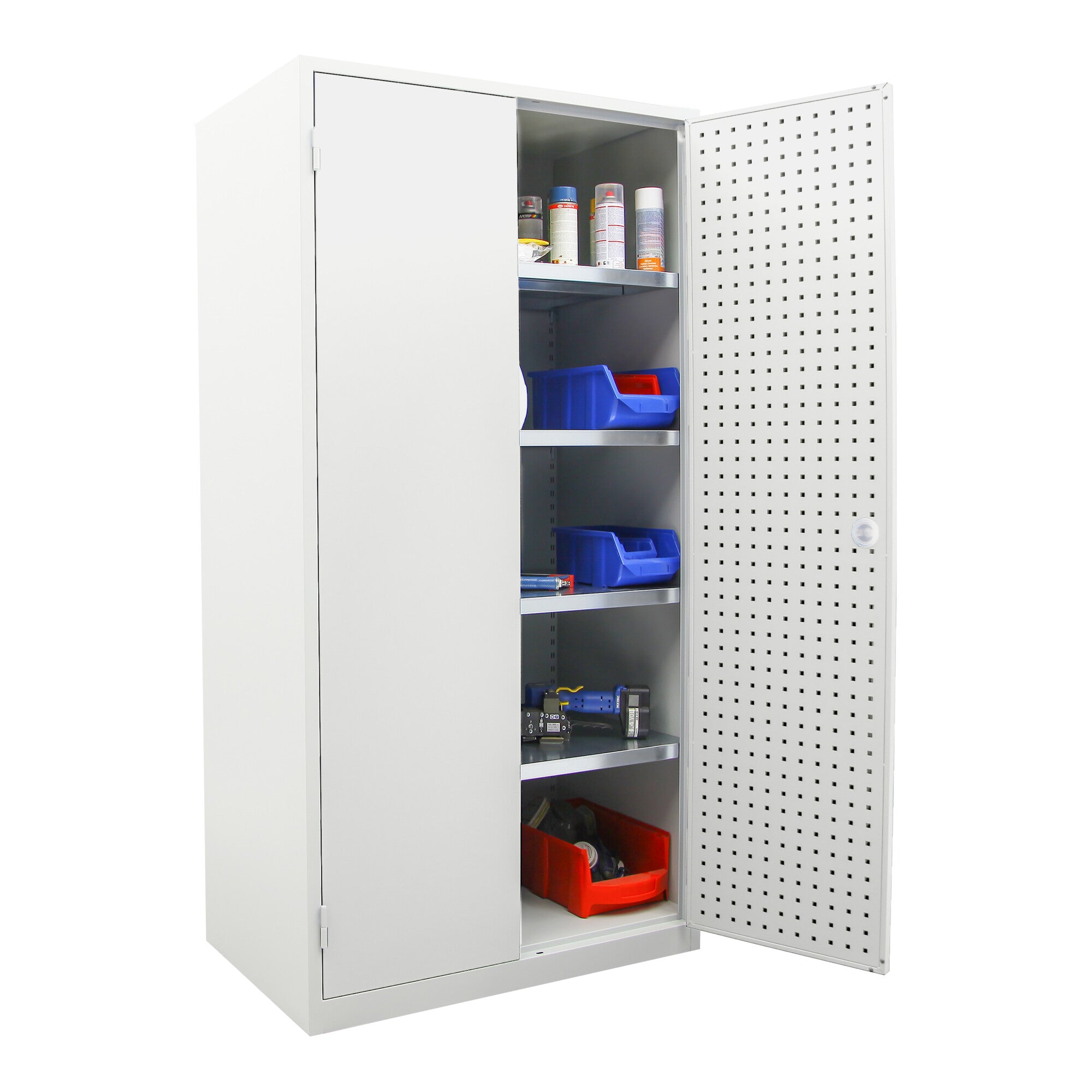 STIER workshop cabinet 1940x1000x600mm light grey 4 shelves door from inside