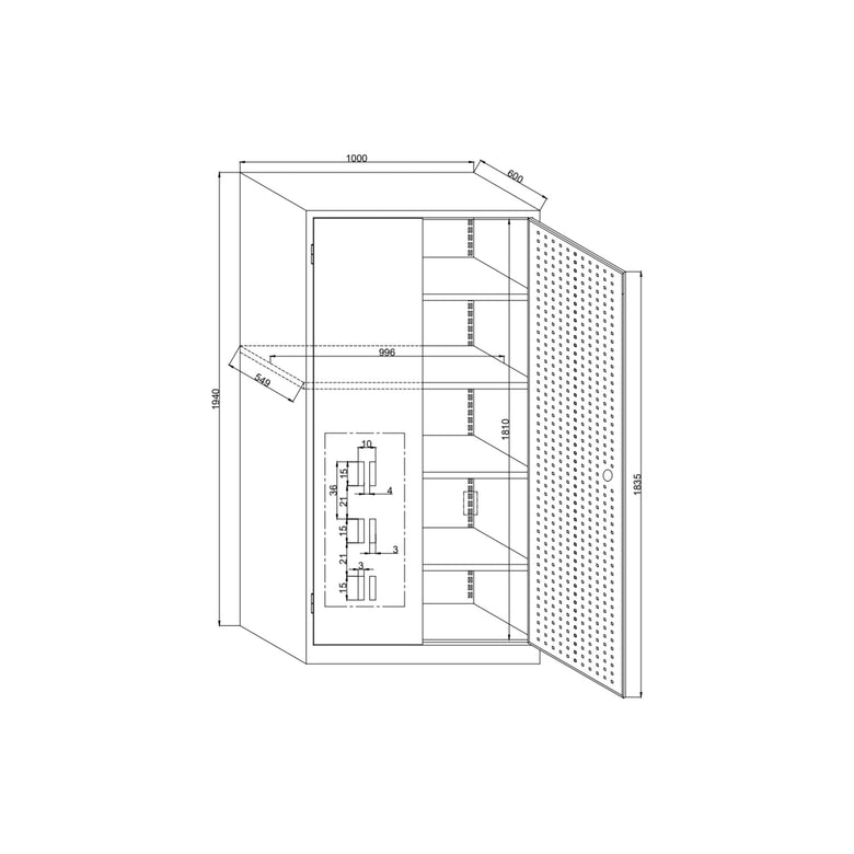 STIER workshop cabinet 1940x1000x600mm light grey 4 shelves door from inside
