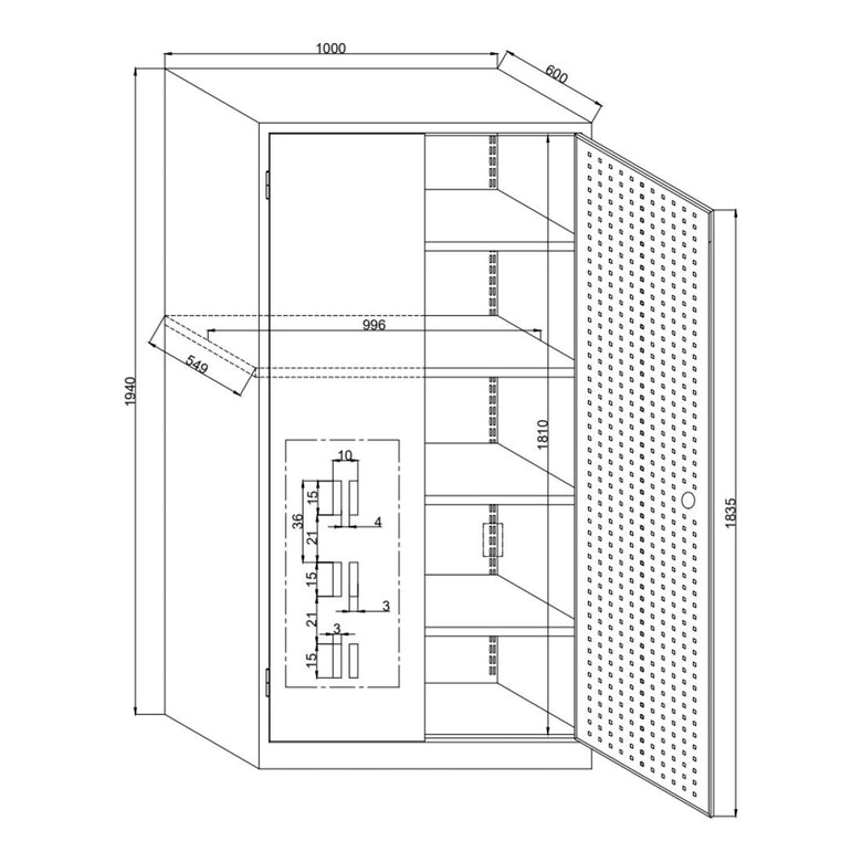 STIER workshop cabinet 1940x1000x600mm light grey 4 shelves door from inside