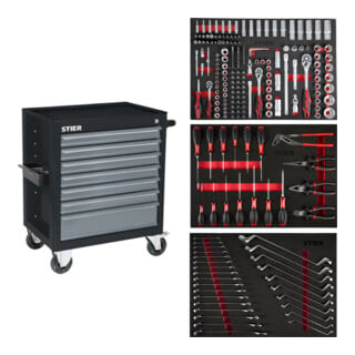 STIER Black workshop trolley equipped with 223 tools in soft foam insert