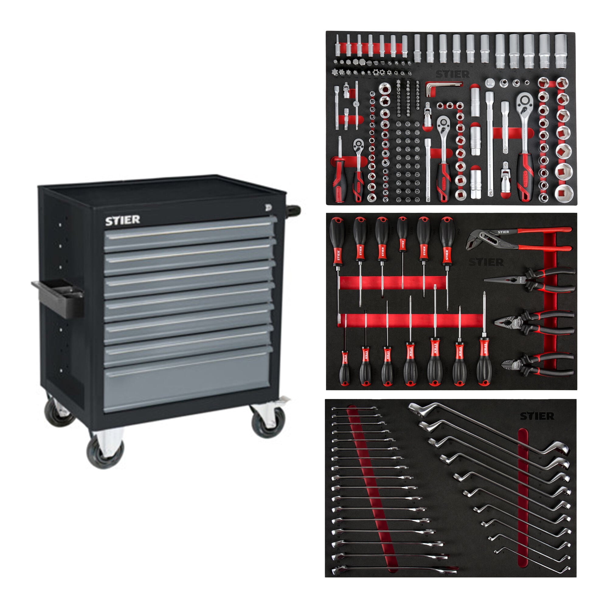 STIER Werkstattwagen Black bestückt 223-teilig Werkzeuge in Weichschaumeinlage
