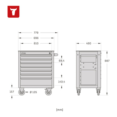 STIER Black workshop trolley equipped with 223 tools in soft foam insert