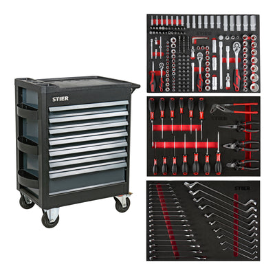 STIER Premium workshop trolley equipped with 223 pieces and plastic cover