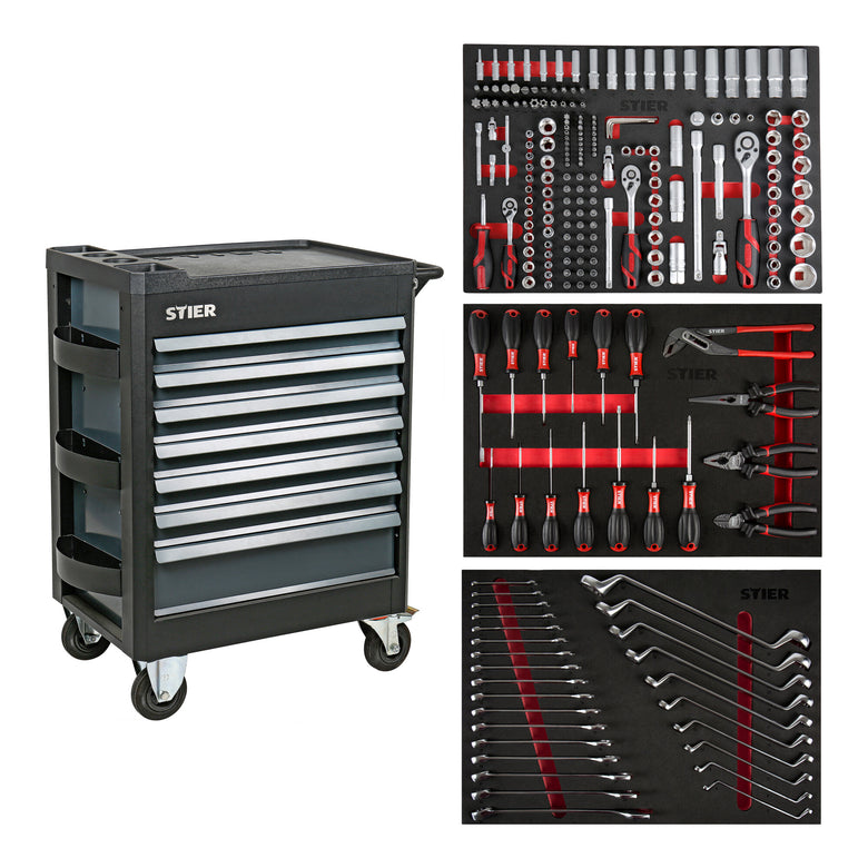STIER Premium workshop trolley equipped with 223 pieces and plastic cover