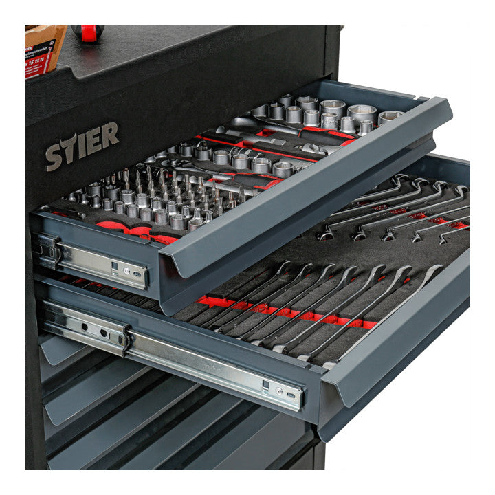 STIER Premium workshop trolley equipped with 223 pieces and plastic cover