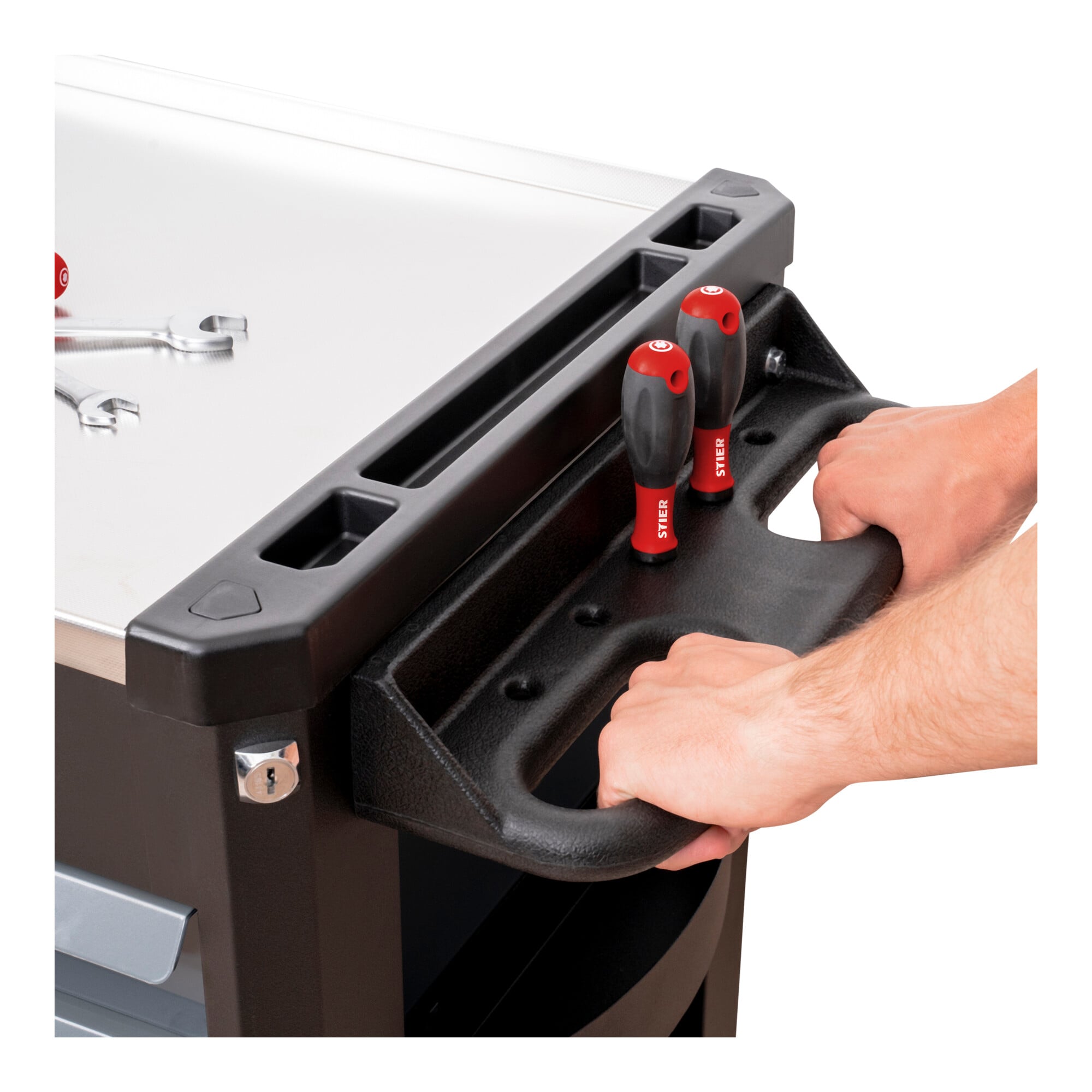 STIER Werkstattwagen Premium mit Edelstahl-Arbeitsfläche vollständig 223-teilig