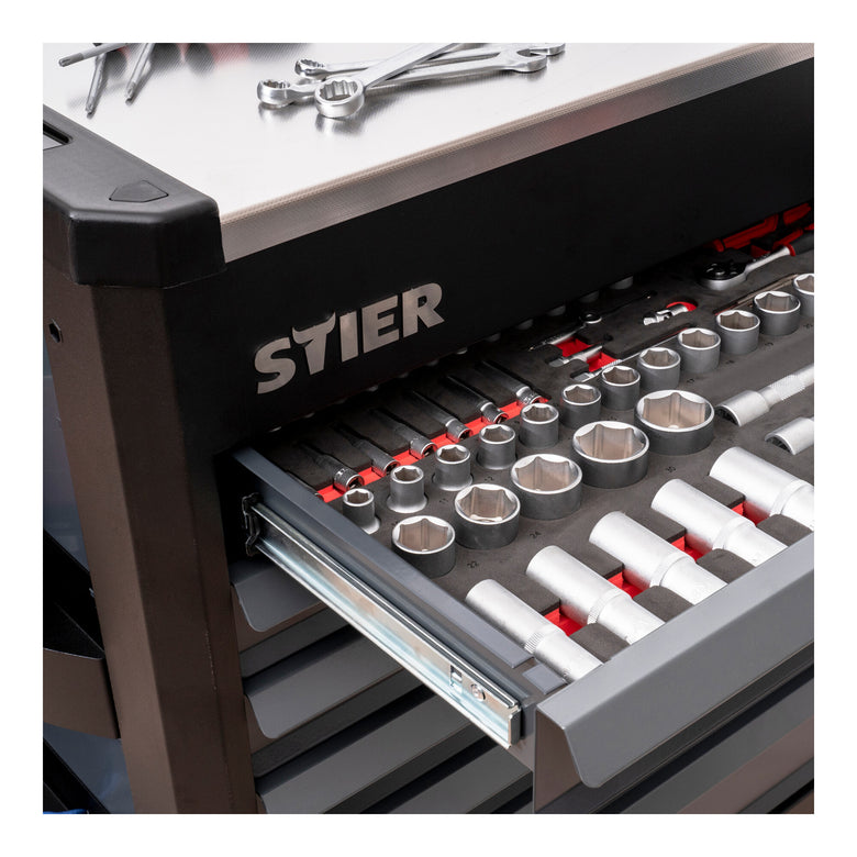 STIER Premium workshop trolley with stainless steel work surface, complete with 223 pieces