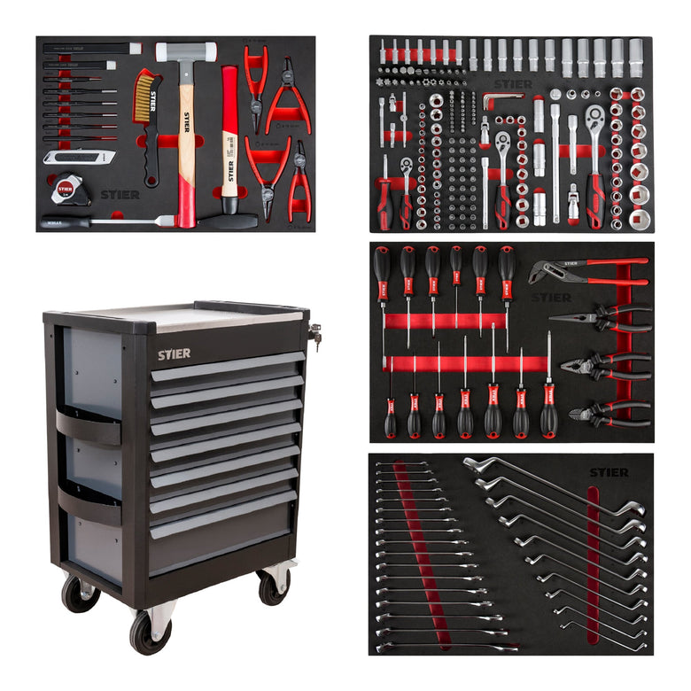 STIER Premium workshop trolley with stainless steel work surface fully equipped