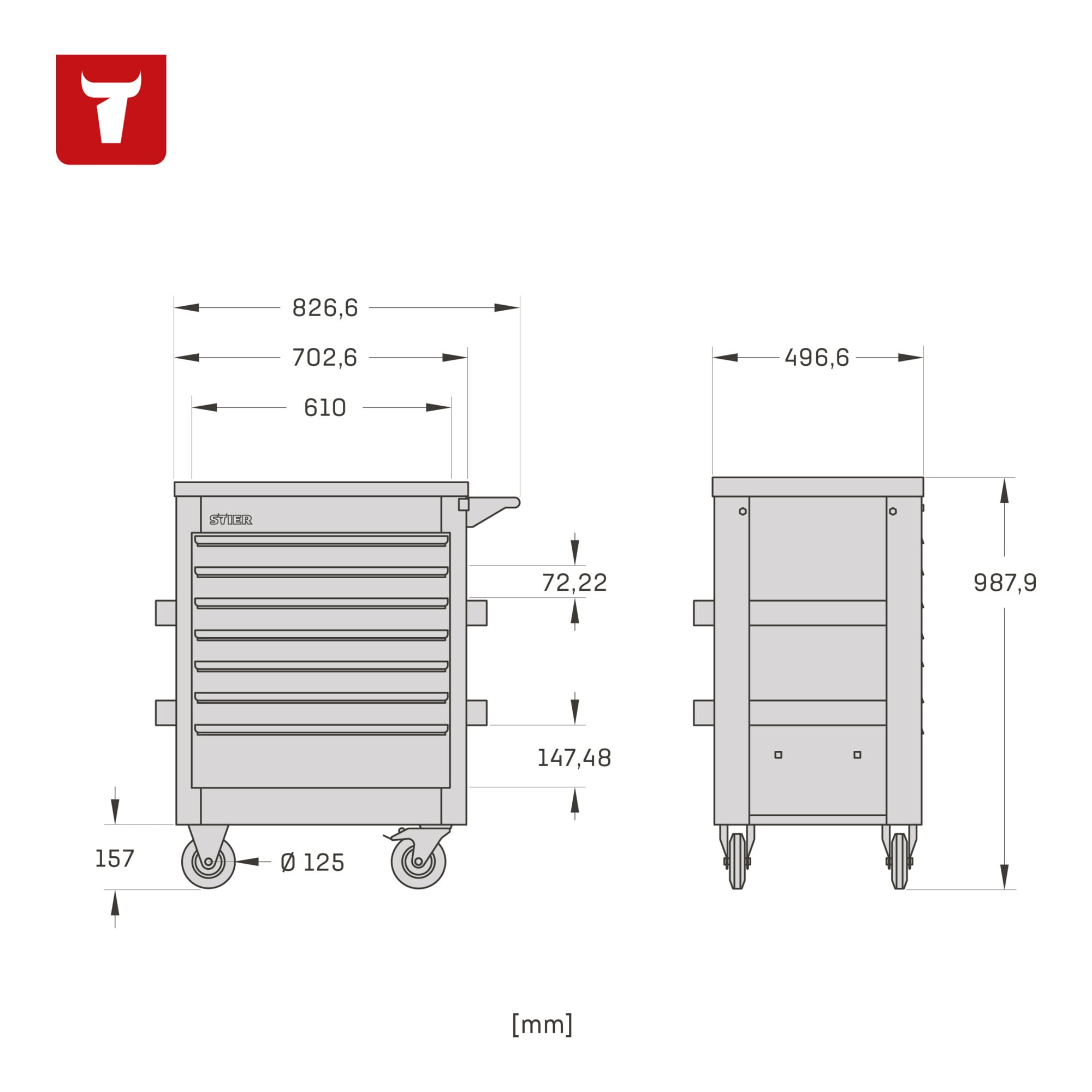 STIER Premium workshop trolley with stainless steel work surface fully equipped