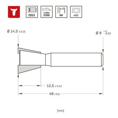 STIER Zinkenfräser HM (HW) Ø 14,3 mm Schaft Ø 8 mm