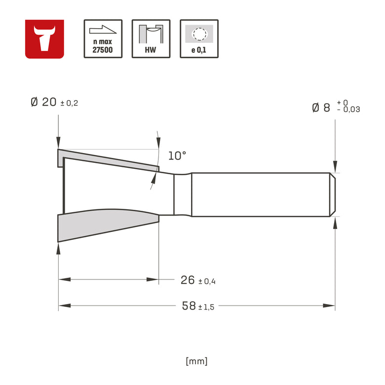 STIER dovetail cutter HW 8 mm diameter 20 mm NL26 mm 10 degrees