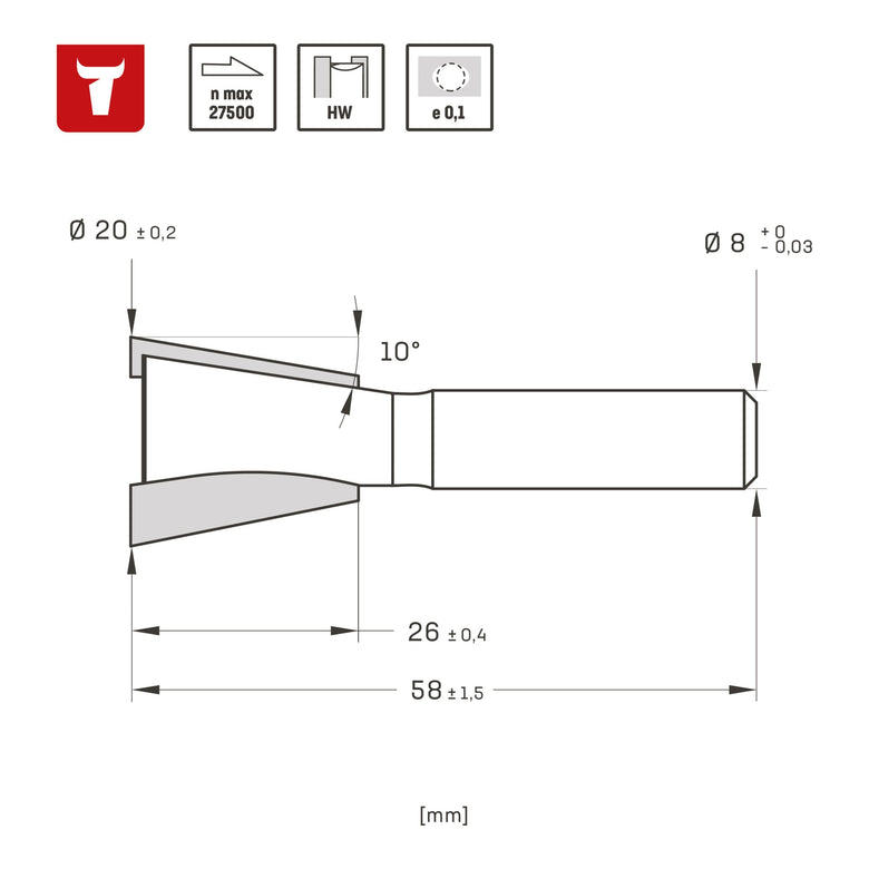 STIER dovetail cutter HW 8 mm diameter 20 mm NL26 mm 10 degrees