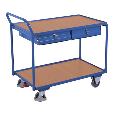 VARIOfit Tischwagen mit 2 Ladeflächen und 2 Schubladen Schiebegriff nach oben