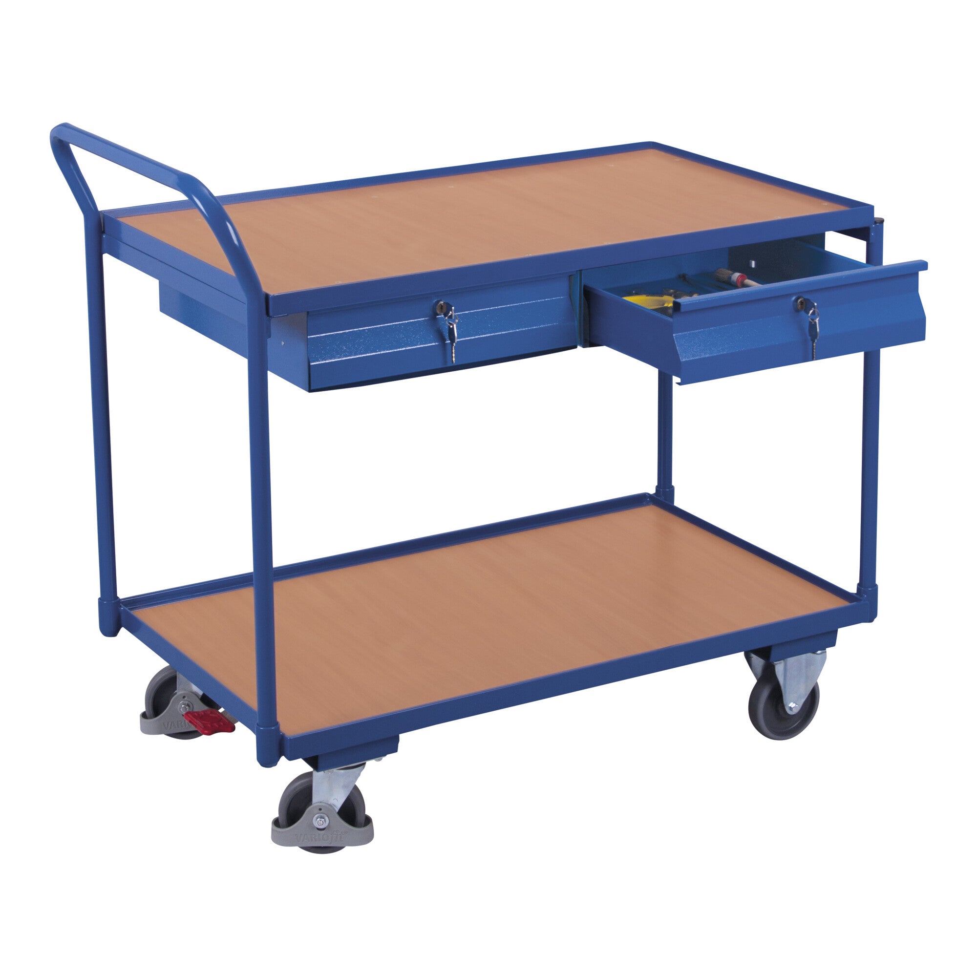 VARIOfit Tischwagen mit 2 Ladeflächen und 2 Schubladen Schiebegriff nach oben