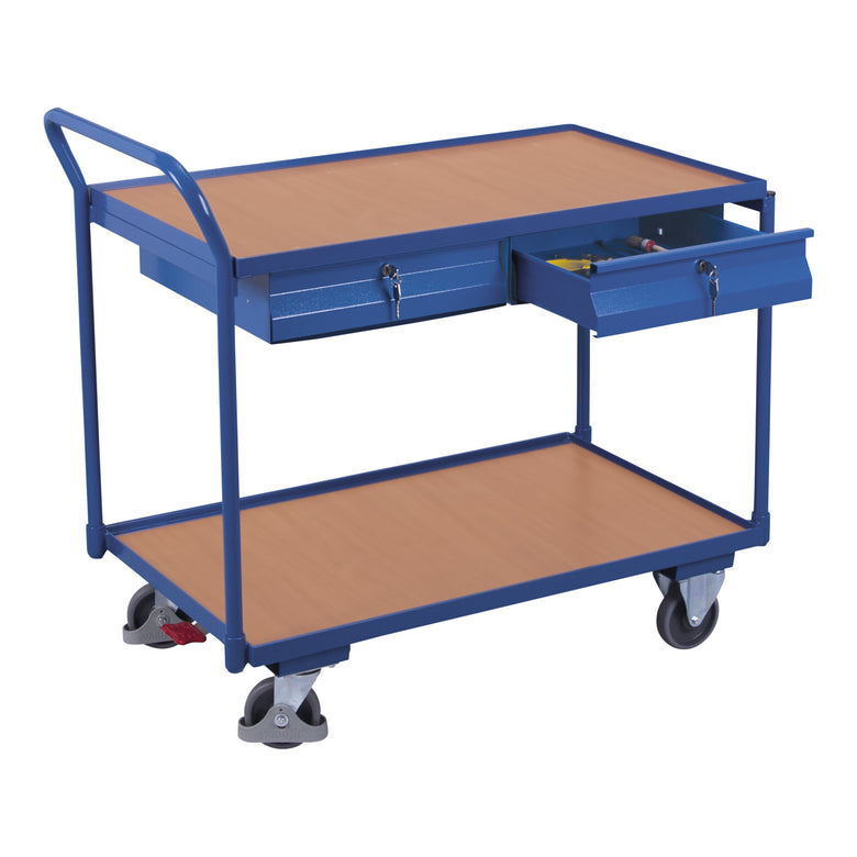 VARIOfit Tischwagen mit 2 Ladeflächen und 2 Schubladen Schiebegriff nach oben